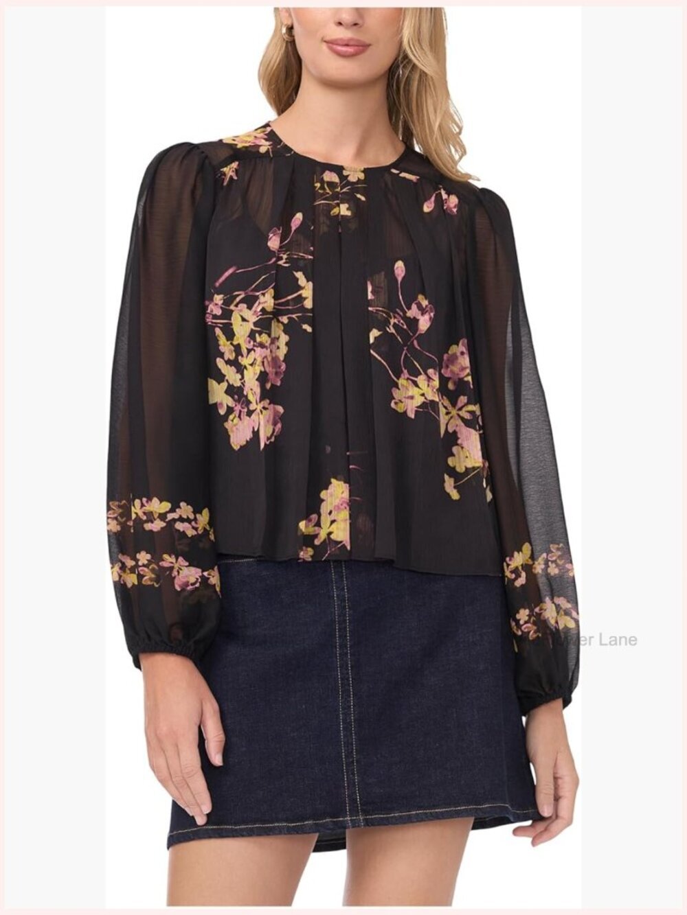 Round Neck Shirring Front Long Sleeve Blouse Floral Print
